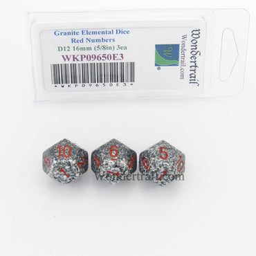 WKP09650E3 Granite Elemental Dice Red Numbers D12 16mm Pack of 3 (ONLINE ORDER ONLY)