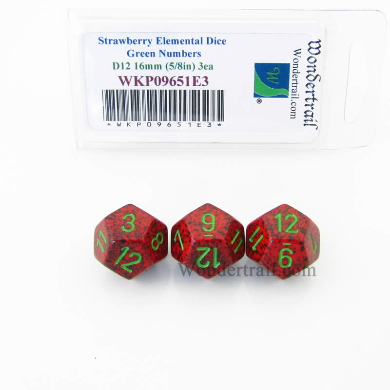 WKP09651E3 Strawberry Elemental Dice Green Numbers D12 16mm Pack of 3 (ONLINE ORDER ONLY)