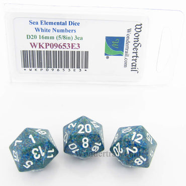 WKP09653E3 Sea Elemental Dice White Numbers D20 16mm Pack of 3 (ONLINE ORDER ONLY)