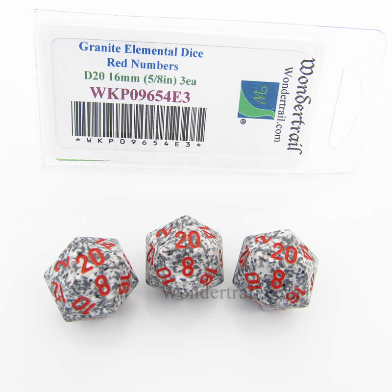 WKP09654E3 Granite Elemental Dice Red Numbers D20 16mm Pack of 3 (ONLINE ORDER ONLY)