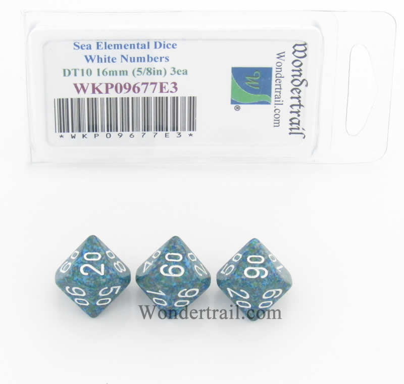 WKP09677E3 Sea Elemental Dice White Numbers DT10 16mm Pack of 3 (ONLINE ORDER ONLY)