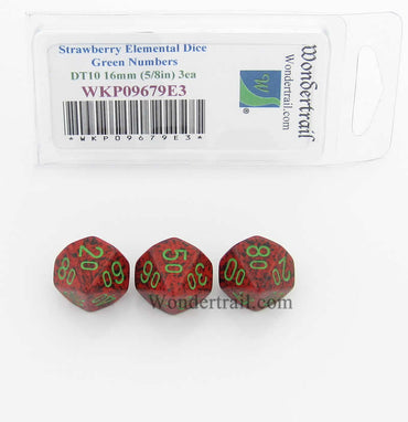 WKP09679E3 Strawberry Elemental Dice Green Numbers DT10 16mm Pack of 3 (ONLINE ORDER ONLY)