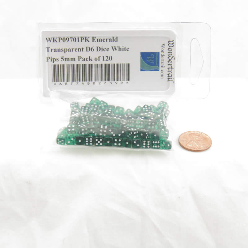 WKP09701PK Emerald Transparent D6 Dice White Pips 5mm Pack of 120 (ONLINE ORDER ONLY)