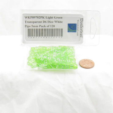 WKP09702PK Light Green Transparent D6 Dice White Pips 5mm Pack of 120 (ONLINE ORDER ONLY)