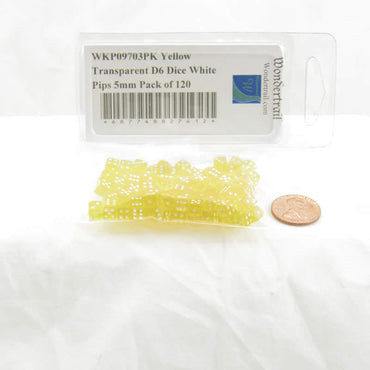 WKP09703PK Yellow Transparent D6 Dice White Pips 5mm Pack of 120 (ONLINE ORDER ONLY)
