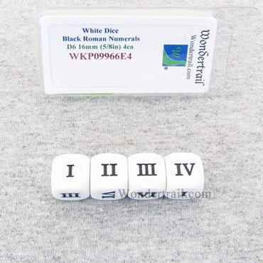 WKP09966E4 White Dice Black Roman Numeral D6 16mm (5/8in) Pack of 4 (ONLINE ORDER ONLY)