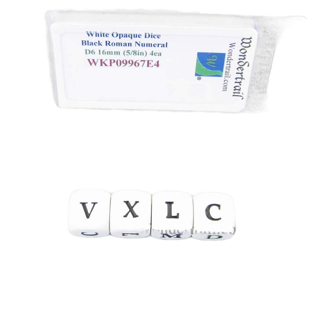 WKP09967E4 White Dice Black Roman Numeral D6 16mm (5/8in) Pack of 4 (ONLINE ORDER ONLY)