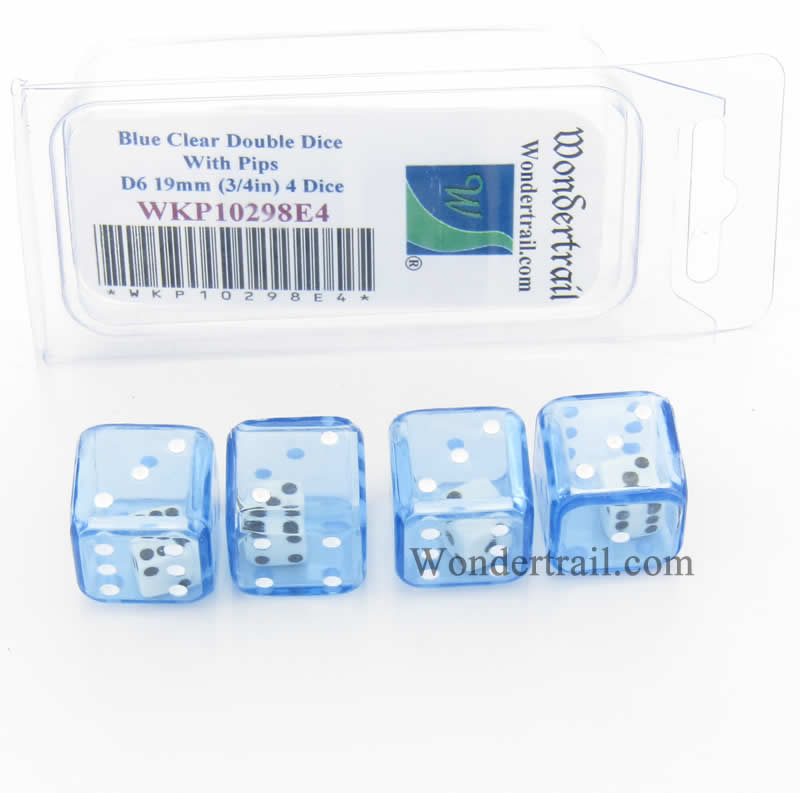 WKP10298E4 Blue Transparent Double Dice White Pips D6 19mm Pack of 4 (ONLINE ORDER ONLY)