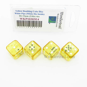 WKP10303E4 Yellow Doubling Cube Dice White Pips D6 19mm Pack of 4 (ONLINE ORDER ONLY)