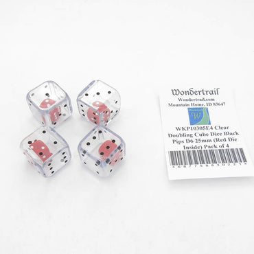 WKP10305E4 Clear Doubling Cube Dice Black Pips D6 25mm (Red Die Inside) Pack of 4 (ONLINE ORDER ONLY)