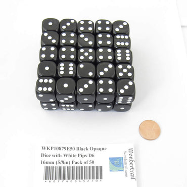 WKP10879E50 Black Opaque Dice with White Pips D6 16mm (5/8in) Pack of 50 (ONLINE ORDER ONLY)