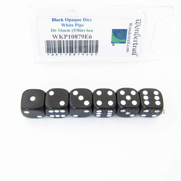 WKP10879E6 Black Opaque Dice with White Pips D6 16mm (5/8in) Pack of 6 (ONLINE ORDER ONLY)