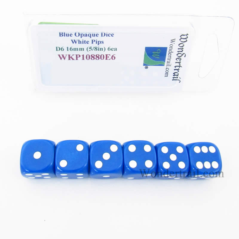 WKP10880E6 Blue Opaque Dice with White Pips D6 16mm (5/8in) Pack of 6 (ONLINE ORDER ONLY)