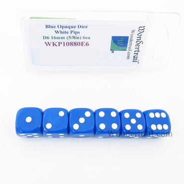 WKP10880E6 Blue Opaque Dice with White Pips D6 16mm (5/8in) Pack of 6 (ONLINE ORDER ONLY)