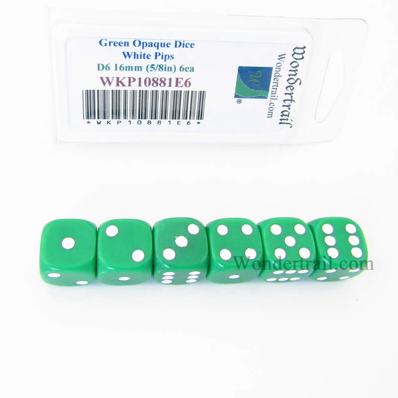 WKP10881E6 Green Opaque Dice with White Pips D6 16mm (5/8in) Pack of 6 (ONLINE ORDER ONLY)