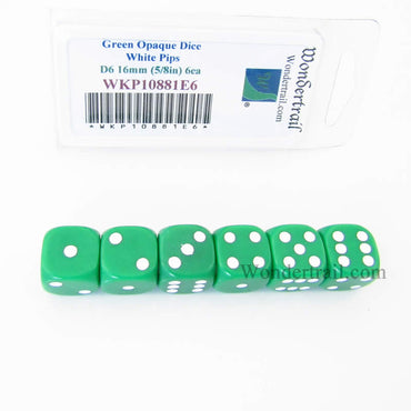WKP10881E6 Green Opaque Dice with White Pips D6 16mm (5/8in) Pack of 6 (ONLINE ORDER ONLY)