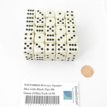 WKP10882E50 Ivory Opaque Dice with Black Pips D6 16mm (5/8in) Pack of 50 (ONLINE ORDER ONLY)