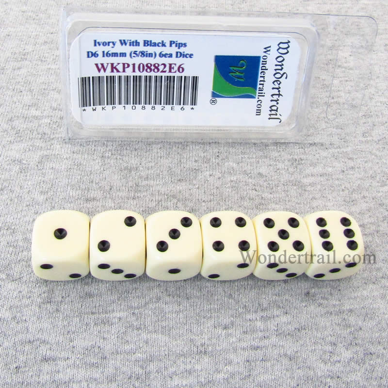WKP10882E6 Ivory Opaque Dice with Black Pips D6 16mm (5/8in) Pack of 6 (ONLINE ORDER ONLY)