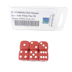 WKP10884E6 Red Opaque Dice with White Pips D6 16mm (5/8in) Pack of 6 (ONLINE ORDER ONLY)