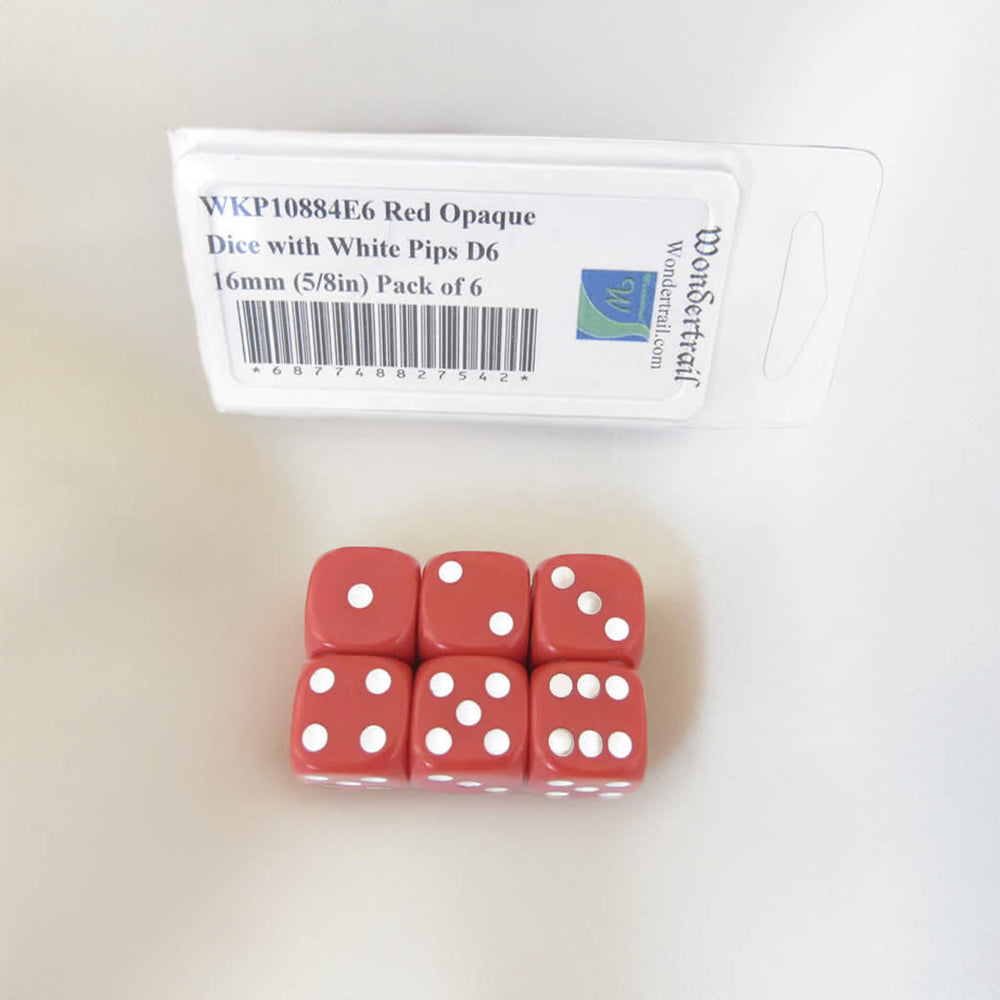 WKP10884E6 Red Opaque Dice with White Pips D6 16mm (5/8in) Pack of 6 (ONLINE ORDER ONLY)