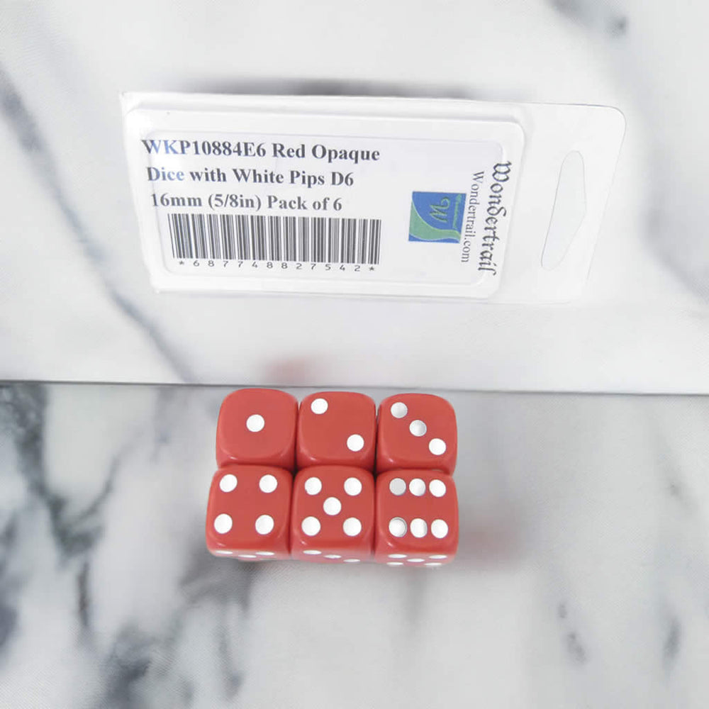 WKP10884E6 Red Opaque Dice with White Pips D6 16mm (5/8in) Pack of 6 (ONLINE ORDER ONLY)