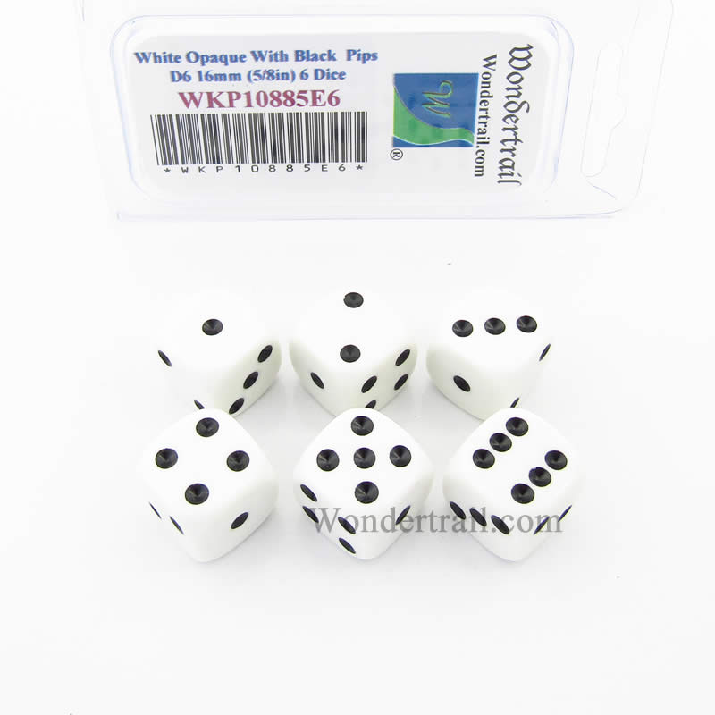 WKP10885E6 White Opaque Dice with Black Pips D6 16mm (5/8in) Pack of 6 (ONLINE ORDER ONLY)