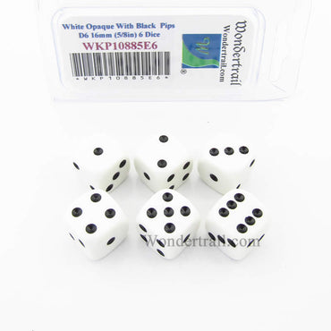 WKP10885E6 White Opaque Dice with Black Pips D6 16mm (5/8in) Pack of 6 (ONLINE ORDER ONLY)