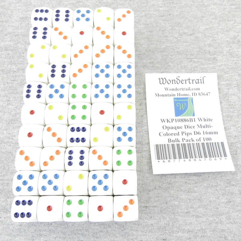WKP10886B1 White Opaque Dice Multi-Colored Pips D6 16mm Bulk Pack of 100 (ONLINE ORDER ONLY)