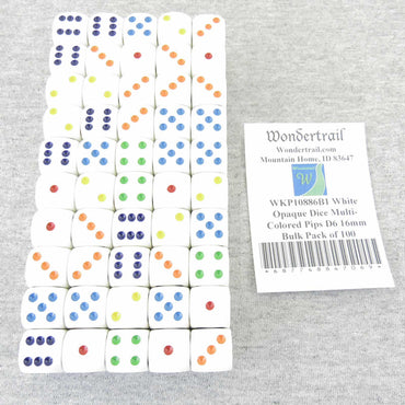WKP10886B1 White Opaque Dice Multi-Colored Pips D6 16mm Bulk Pack of 100 (ONLINE ORDER ONLY)