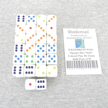 WKP10886E50 White Opaque Dice Multi-Colored Pips D6 16mm Bulk Pack of 50 (ONLINE ORDER ONLY)