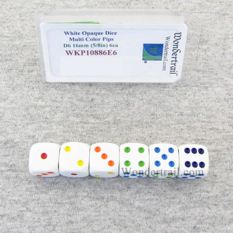 WKP10886E6 White Opaque Dice Multi Color Pips D6 16mm (5/8in) Pack of 6 (ONLINE ORDER ONLY)