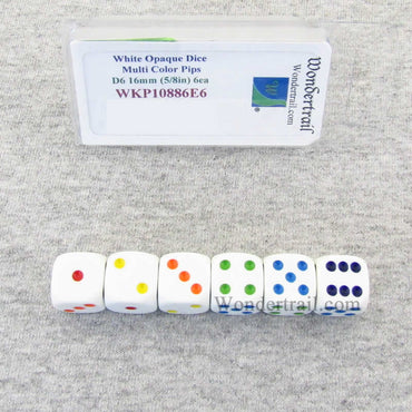WKP10886E6 White Opaque Dice Multi Color Pips D6 16mm (5/8in) Pack of 6 (ONLINE ORDER ONLY)