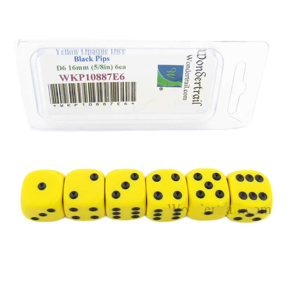 WKP10887E6 Yellow Opaque Dice Black Pips D6 16mm (5/8in) Pack of 6 (ONLINE ORDER ONLY)