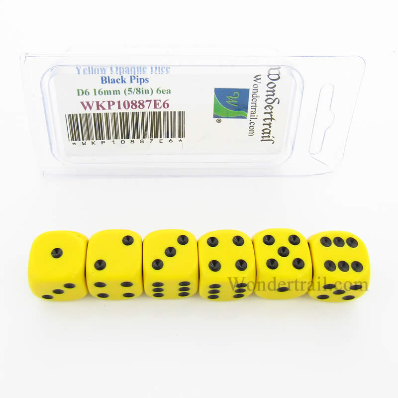 WKP10887E6 Yellow Opaque Dice Black Pips D6 16mm (5/8in) Pack of 6 (ONLINE ORDER ONLY)