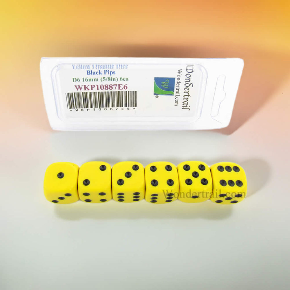 WKP10887E6 Yellow Opaque Dice Black Pips D6 16mm (5/8in) Pack of 6 (ONLINE ORDER ONLY)