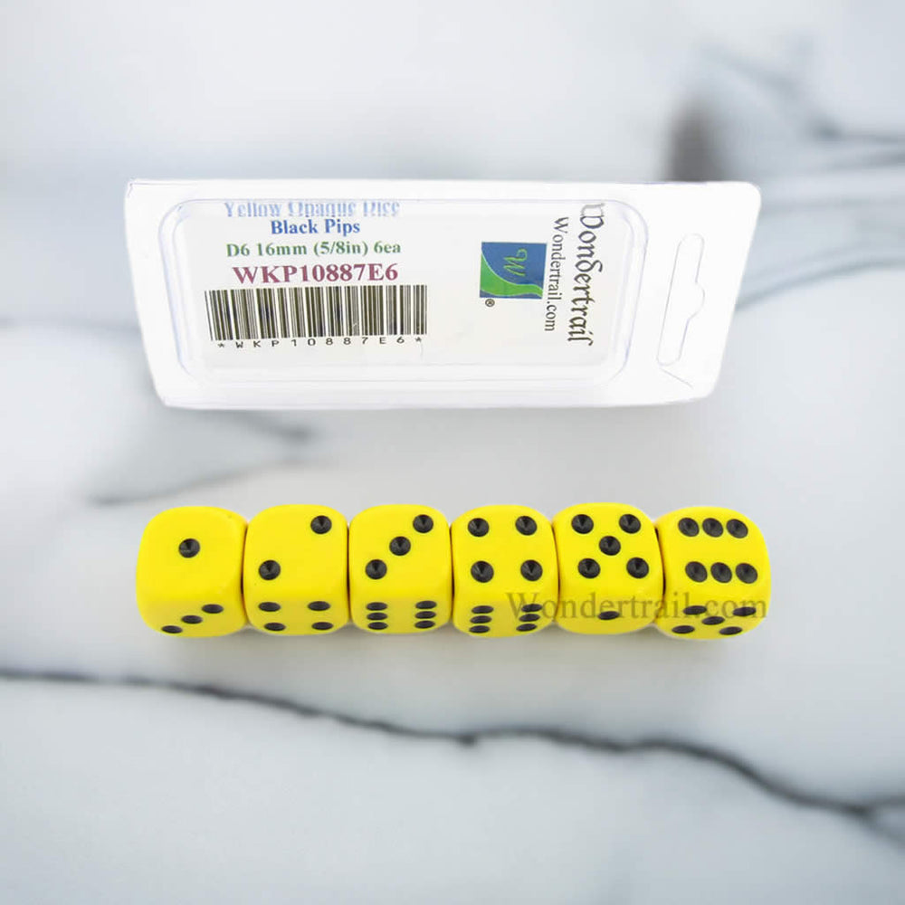 WKP10887E6 Yellow Opaque Dice Black Pips D6 16mm (5/8in) Pack of 6 (ONLINE ORDER ONLY)