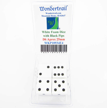 WKP10934E4 White Foam Dice with Black Dots D6 25mm (1in) Pack of 4 (ONLINE ORDER ONLY)