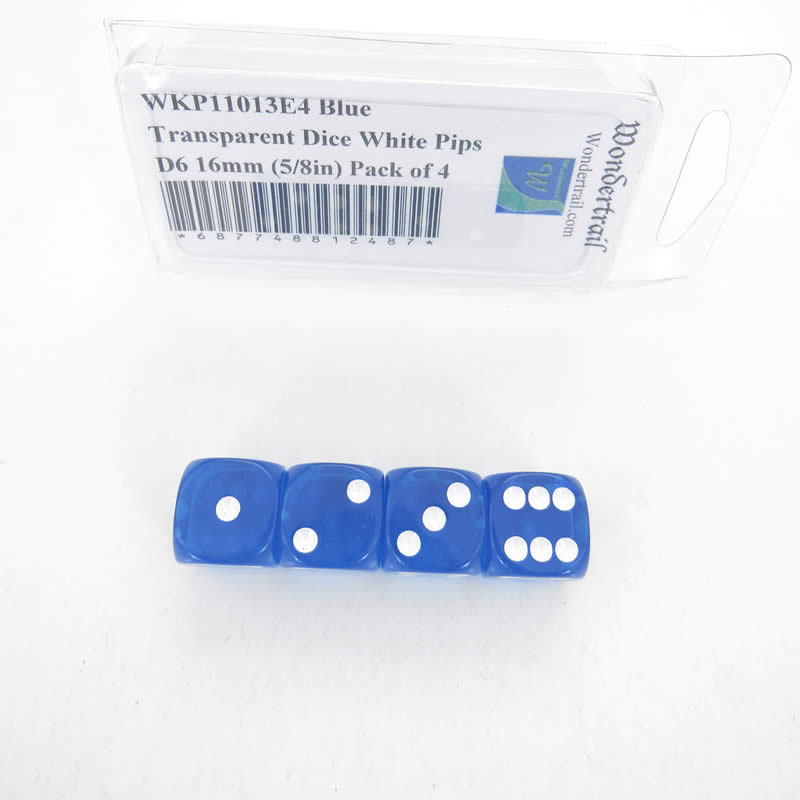 WKP11013E4 Blue Transparent Dice White Pips D6 16mm (5/8in) Pack of 4 (ONLINE ORDER ONLY)