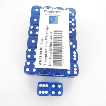 WKP11013E50 Blue Transparent Dice White Pips D6 16mm (5/8in) Pack of 50 (ONLINE ORDER ONLY)