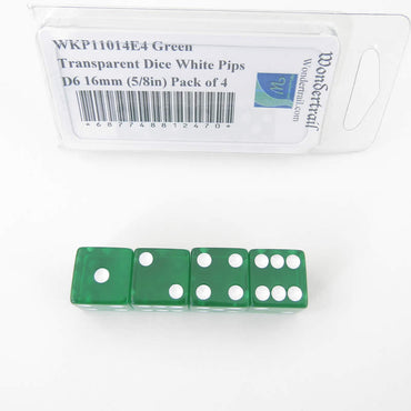 WKP11014E4 Green Transparent Dice White Pips D6 16mm (5/8in) Pack of 4 (ONLINE ORDER ONLY)