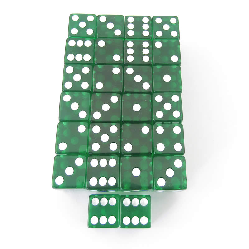 WKP11014E50 Green Transparent Dice White Pips D6 16mm Pack of 50 (ONLINE ORDER ONLY)