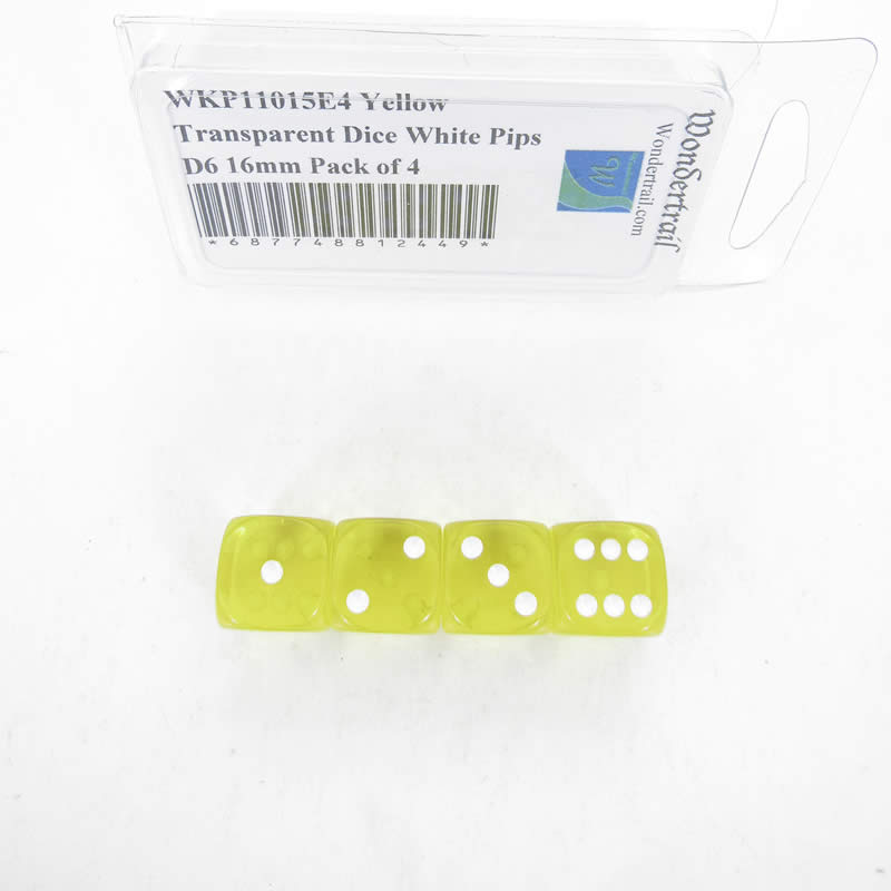 WKP11015E4 Yellow Transparent Dice White Pips D6 16mm Pack of 4 (ONLINE ORDER ONLY)