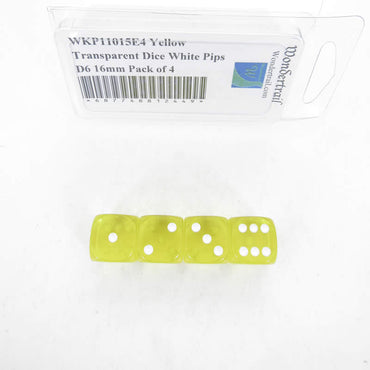 WKP11015E4 Yellow Transparent Dice White Pips D6 16mm Pack of 4 (ONLINE ORDER ONLY)