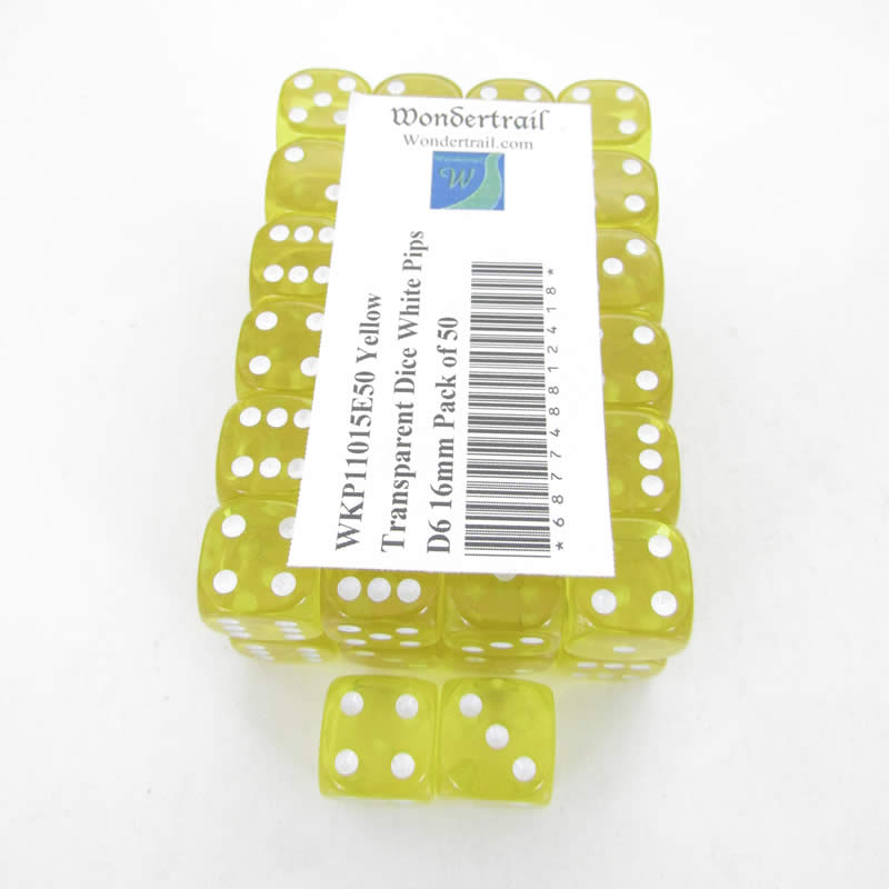 WKP11015E50 Yellow Transparent Dice White Pips D6 16mm Pack of 50 (ONLINE ORDER ONLY)