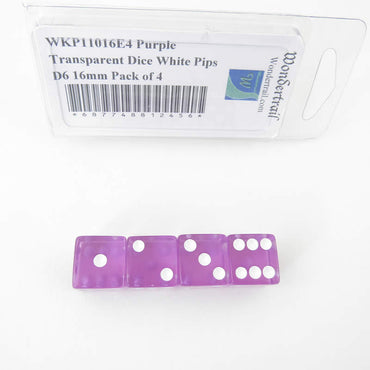 WKP11016E4 Purple Transparent Dice White Pips D6 16mm Pack of 4 (ONLINE ORDER ONLY)