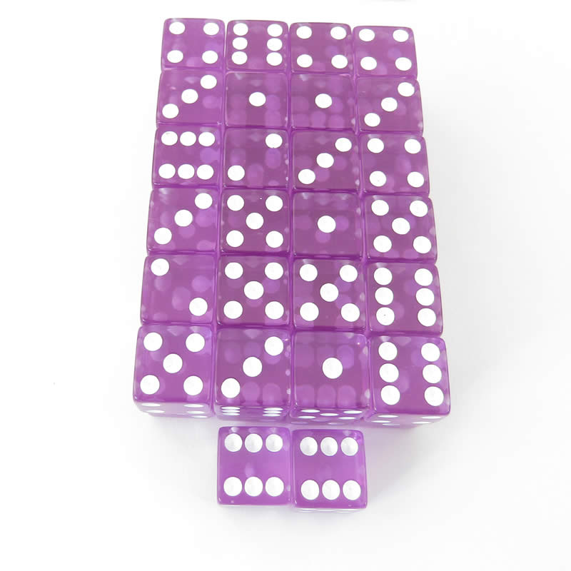 WKP11016E50 Purple Transparent Dice White Pips D6 16mm Pack of 50 (ONLINE ORDER ONLY)