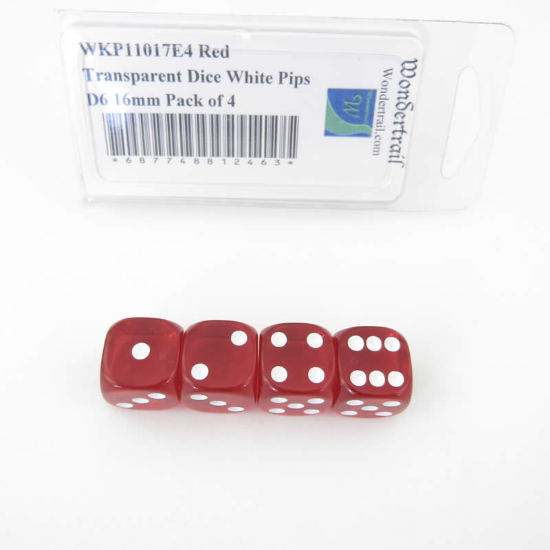 WKP11017E4 Red Transparent Dice White Pips D6 16mm Pack of 4 (ONLINE ORDER ONLY)