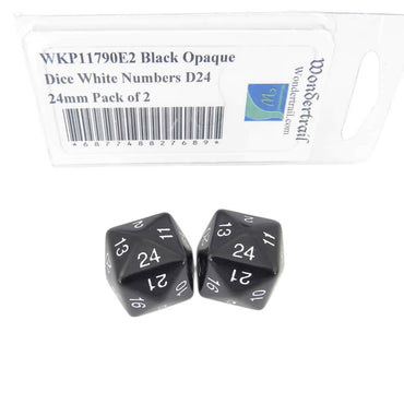 WKP11790E2 Black Opaque Dice with White Numbers D24 24mm (15/16in) Pack of 2 Dice Wondertrail (ONLINE ORDER ONLY)
