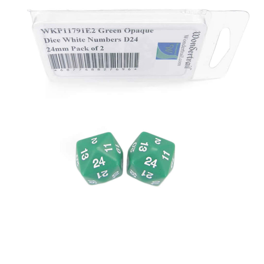 WKP11791E2 Green Opaque Dice White Numbers D24 24mm Pack of 2 (ONLINE ORDER ONLY)