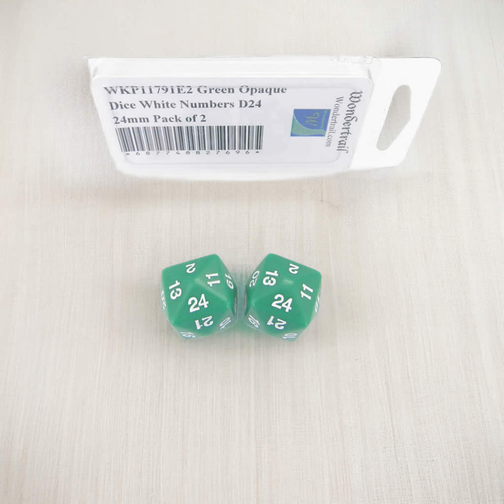 WKP11791E2 Green Opaque Dice White Numbers D24 24mm Pack of 2 (ONLINE ORDER ONLY)
